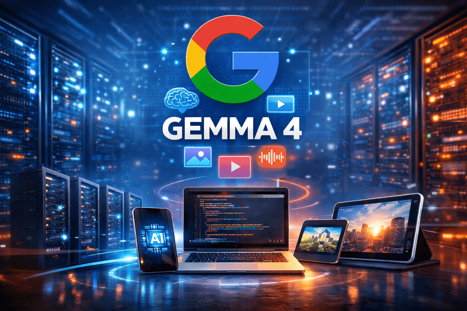Google Gemma 4 launch illustration showing AI running across data centres, laptops, and smartphones with futuristic digital interface and server infrastructure