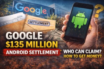 Google $135 Million Android settlement image showing smartphone with Android logo, Google branding, cash, and legal documents representing user payout claims