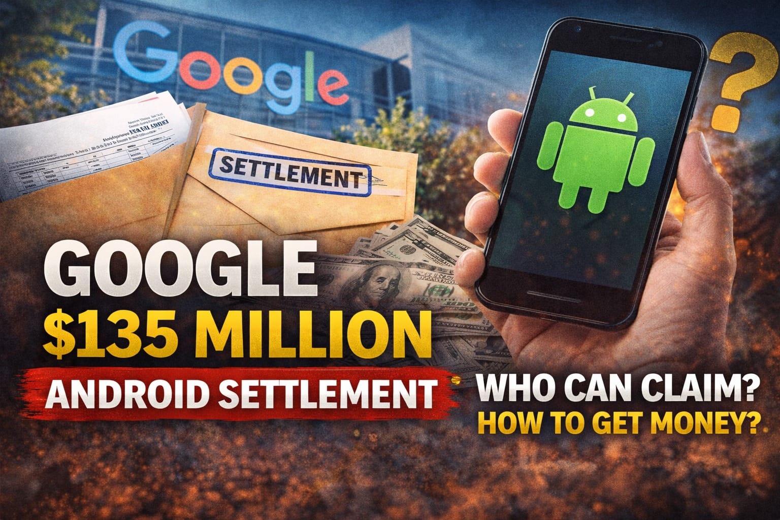 Google $135 Million Android settlement image showing smartphone with Android logo, Google branding, cash, and legal documents representing user payout claims