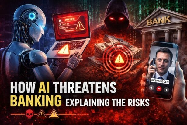 Futuristic illustration showing how AI models threaten banking systems, featuring a humanoid robot using a laptop, a hooded hacker figure, stacks of money under a warning target, a bank building, and a smartphone displaying a deepfake CEO call.