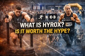 What is HYROX race concept image showing athletes pushing sleds, running, and performing functional workouts in a high-energy competition arena