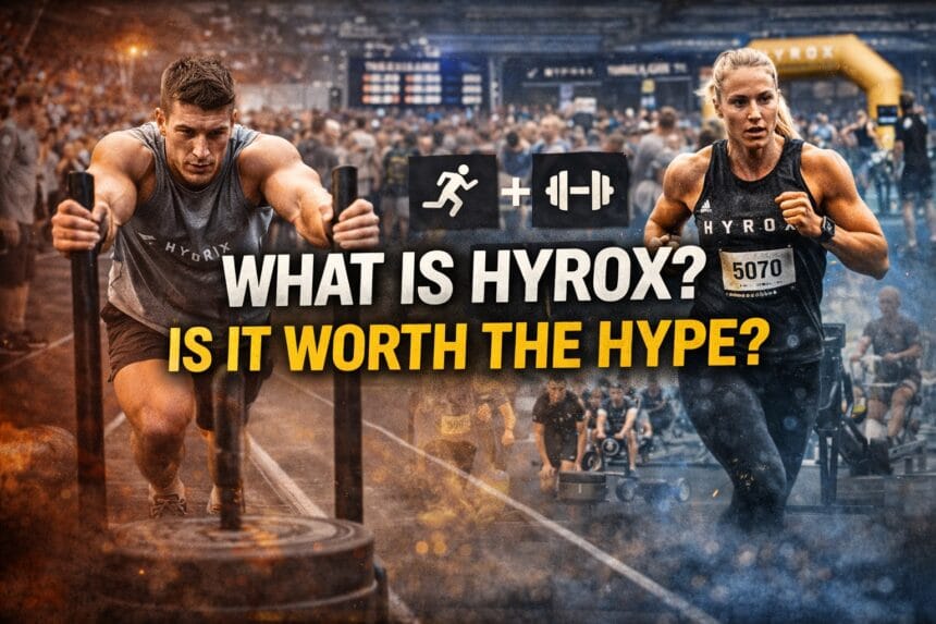 What is HYROX race concept image showing athletes pushing sleds, running, and performing functional workouts in a high-energy competition arena