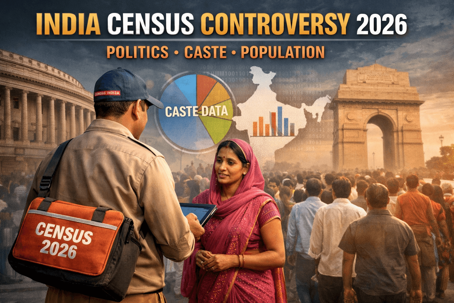 India Census Controversy 2026 illustration showing census officer collecting data with visuals of caste data charts, Parliament and India Gate representing political and social impact