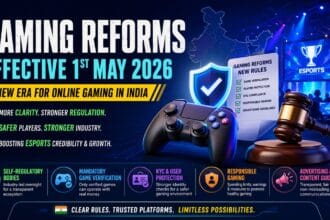 A futuristic 16:9 infographic showcasing India’s gaming reforms effective from 1st May 2026, featuring a gaming controller, legal gavel, esports stage, and icons highlighting game verification, KYC compliance, user protection, and responsible gaming.