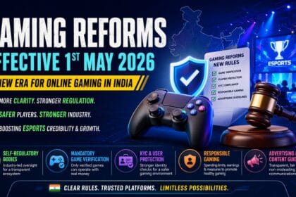 A futuristic 16:9 infographic showcasing India’s gaming reforms effective from 1st May 2026, featuring a gaming controller, legal gavel, esports stage, and icons highlighting game verification, KYC compliance, user protection, and responsible gaming.
