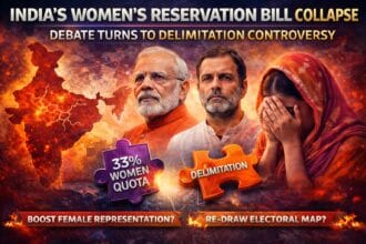 India Women’s Reservation Bill collapse graphic showing political leaders, a distressed woman, and a map of India with visual emphasis on delimitation controversy and 33% women quota debate.