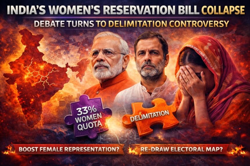 India Women’s Reservation Bill collapse graphic showing political leaders, a distressed woman, and a map of India with visual emphasis on delimitation controversy and 33% women quota debate.