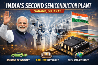 India Second Semiconductor Plant Sanand inauguration showing semiconductor facility, chip modules, and EV technology manufacturing in Gujarat