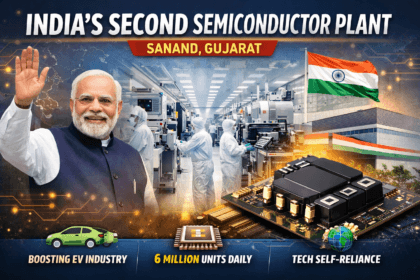 India Second Semiconductor Plant Sanand inauguration showing semiconductor facility, chip modules, and EV technology manufacturing in Gujarat