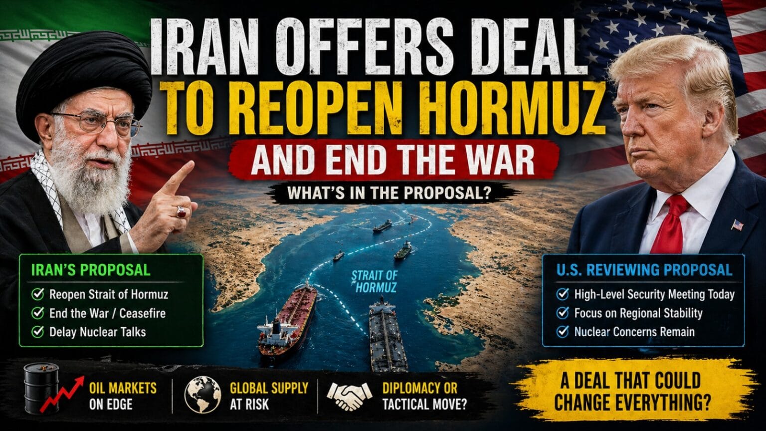 A dramatic 16:9 geopolitical news thumbnail showing Iran offers deal to reopen the Strait of Hormuz, featuring Iranian leadership, a US political figure, oil tankers in the strait, and bold headline text highlighting the proposal amid global tensions.