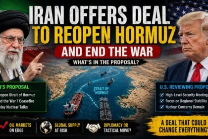 A dramatic 16:9 geopolitical news thumbnail showing Iran offers deal to reopen the Strait of Hormuz, featuring Iranian leadership, a US political figure, oil tankers in the strait, and bold headline text highlighting the proposal amid global tensions.