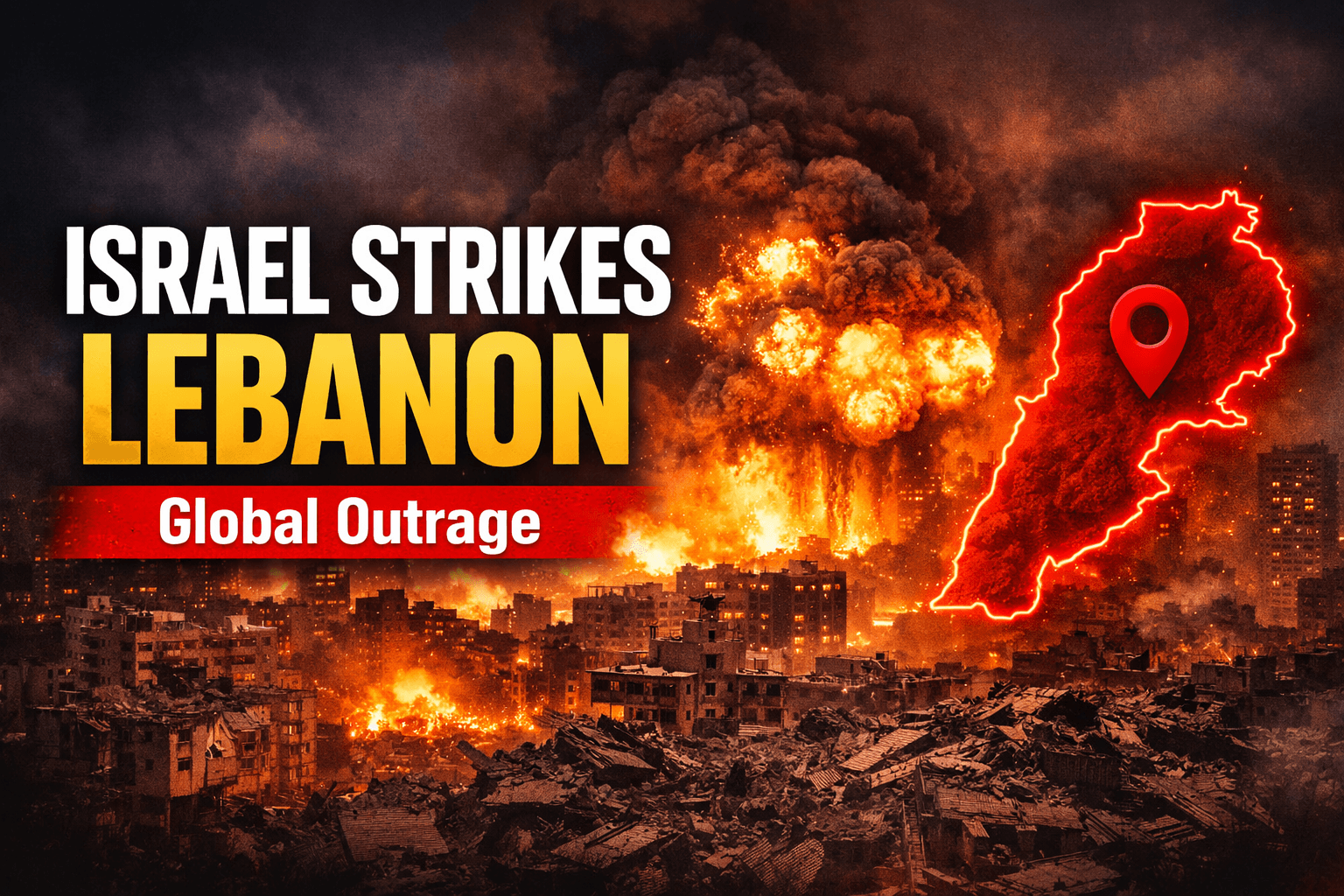 Israel’s deadly strikes in Lebanon showing explosions over Beirut skyline and destruction in residential areas