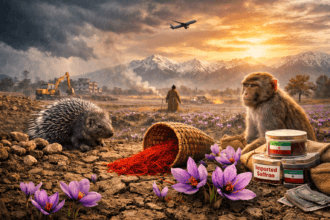 Kashmir saffron crisis 2026 showing saffron flowers growing in dry cracked soil with farmer in Pampore fields facing climate change and market pressure