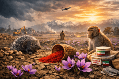 Kashmir saffron crisis 2026 showing saffron flowers growing in dry cracked soil with farmer in Pampore fields facing climate change and market pressure