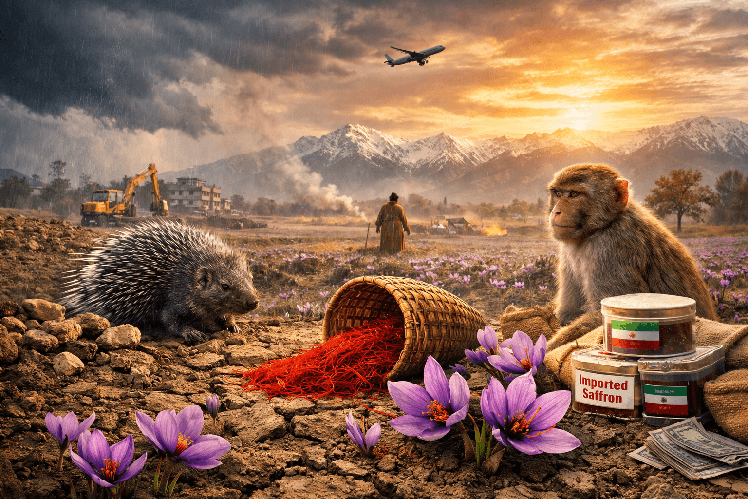 Kashmir saffron crisis 2026 showing saffron flowers growing in dry cracked soil with farmer in Pampore fields facing climate change and market pressure