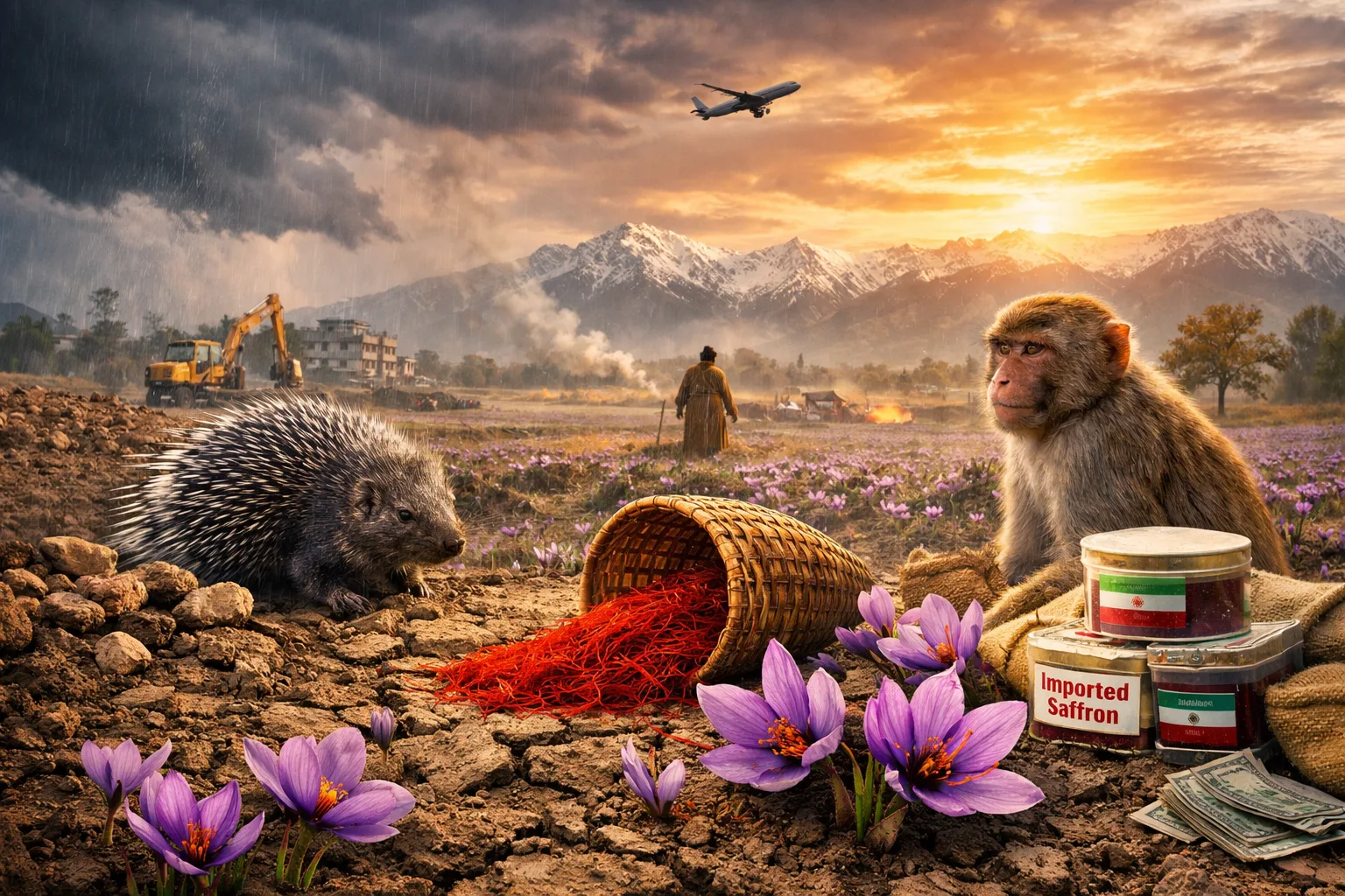 Kashmir saffron crisis 2026 showing saffron flowers growing in dry cracked soil with farmer in Pampore fields facing climate change and market pressure