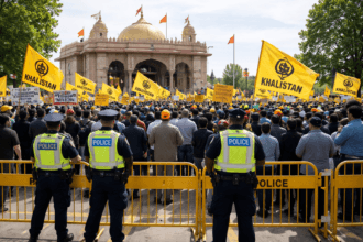 Khalistani protesters with yellow flags gathered outside a Hindu temple in Canada with police barricades and security presence