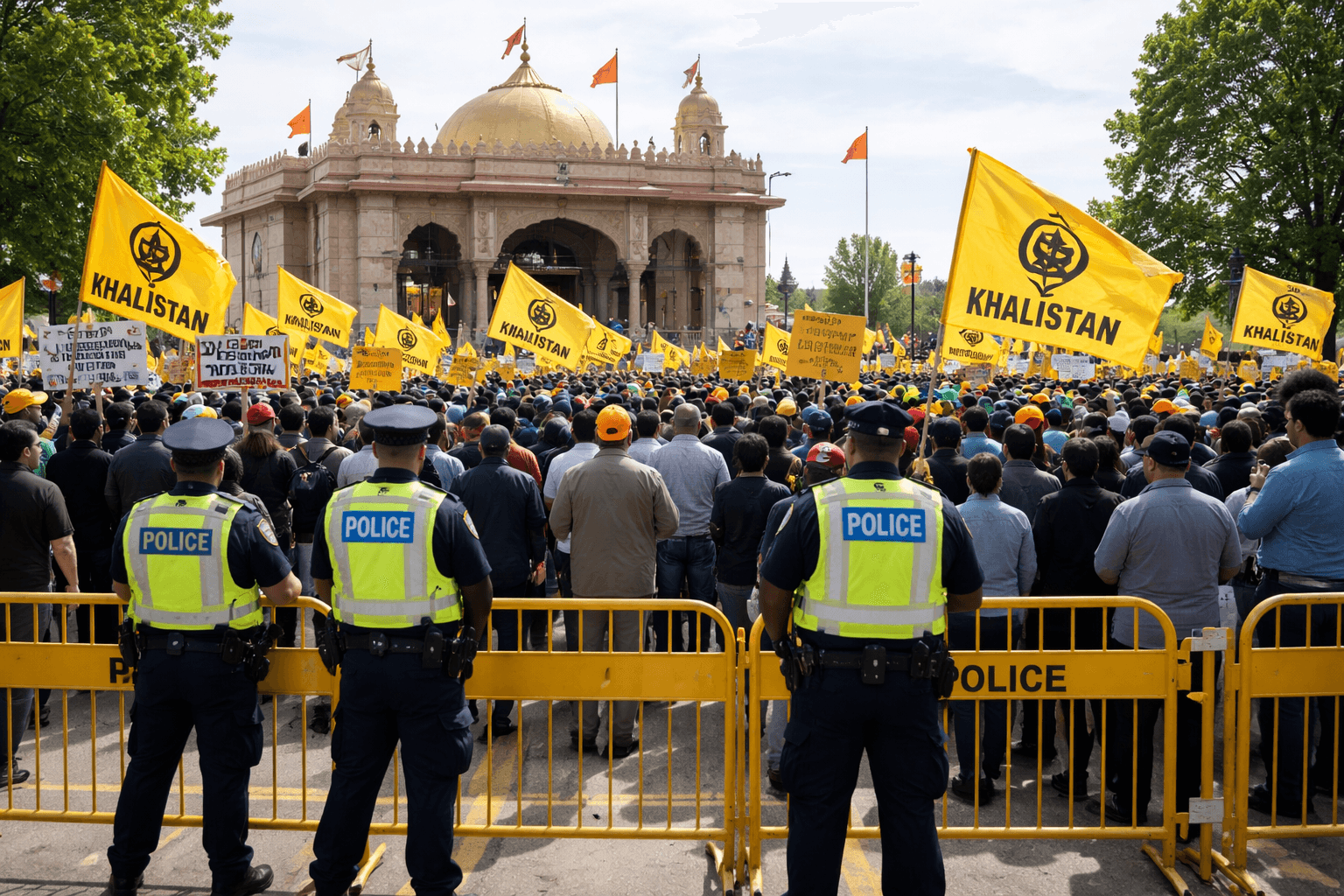 Khalistani protesters with yellow flags gathered outside a Hindu temple in Canada with police barricades and security presence