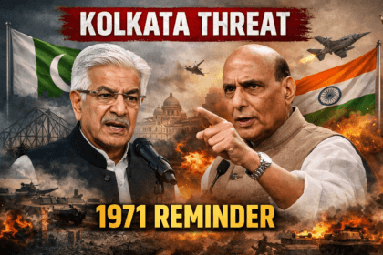 Pakistan Defence Minister Khawaja Asif Kolkata threat visual with Rajnath Singh 1971 war warning and India Pakistan tension illustration