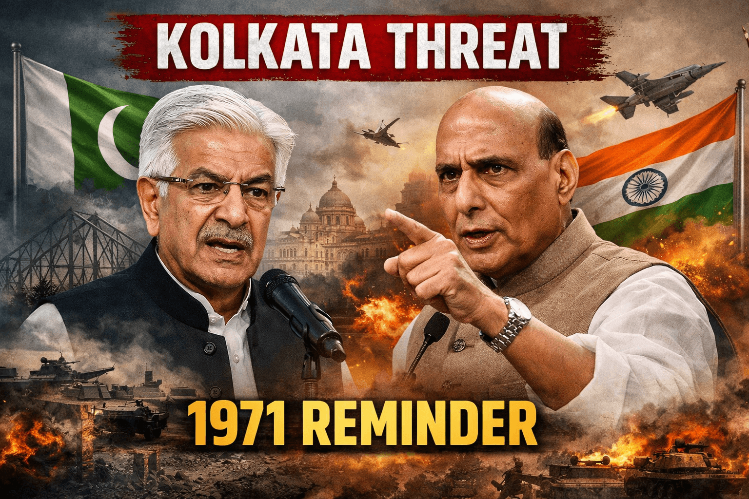 Pakistan Defence Minister Khawaja Asif Kolkata threat visual with Rajnath Singh 1971 war warning and India Pakistan tension illustration