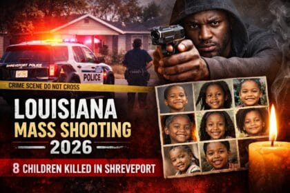 Composite news graphic depicting the Louisiana Mass Shooting 2026, showing a Shreveport crime scene with police vehicles and caution tape, an armed suspect, and a collage representing eight child victims, highlighting the tragic incident.