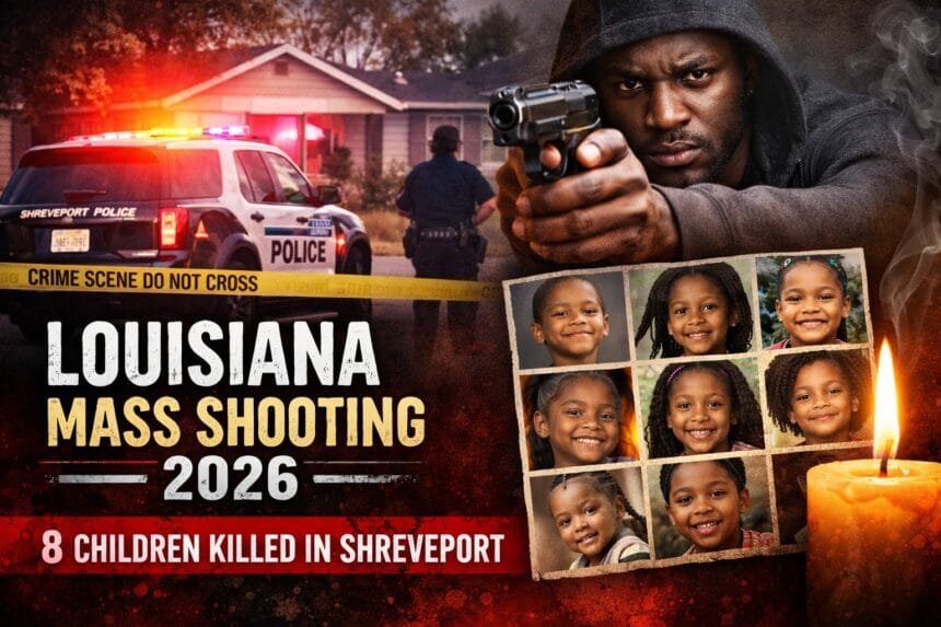 Composite news graphic depicting the Louisiana Mass Shooting 2026, showing a Shreveport crime scene with police vehicles and caution tape, an armed suspect, and a collage representing eight child victims, highlighting the tragic incident.