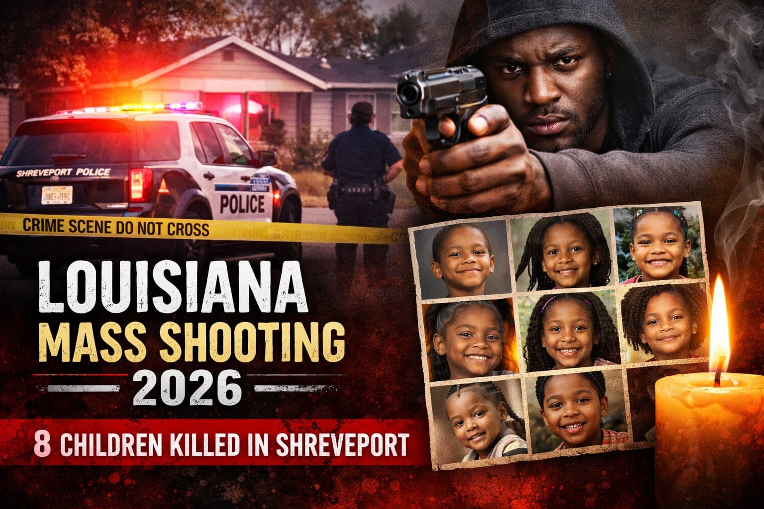 Composite news graphic depicting the Louisiana Mass Shooting 2026, showing a Shreveport crime scene with police vehicles and caution tape, an armed suspect, and a collage representing eight child victims, highlighting the tragic incident.