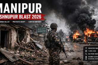 Manipur Bishnupur Blast 2026 aftermath with security forces and burning vehicles in conflict-hit area