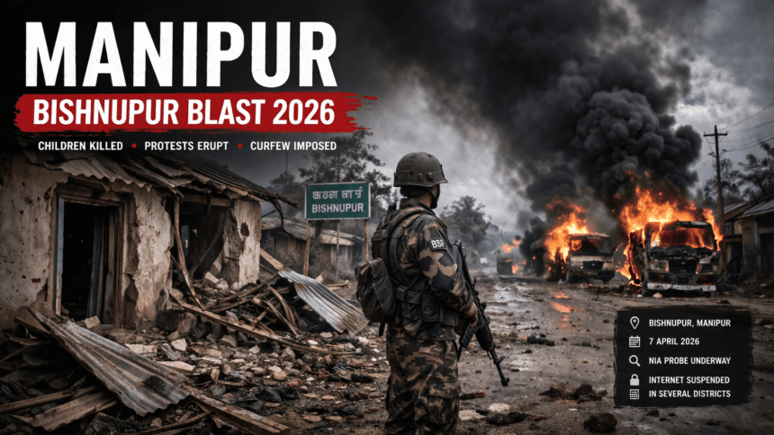 Manipur Bishnupur Blast 2026 aftermath with security forces and burning vehicles in conflict-hit area