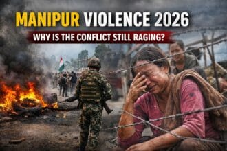 Manipur Violence 2026 visual showing armed security forces near burning barricades and a distressed civilian behind barbed wire highlighting the ongoing ethnic conflict in the state.