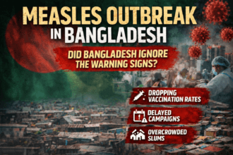 Measles outbreak in Bangladesh showing overcrowded slums, healthcare response, and declining vaccination rates contributing to the public health crisis