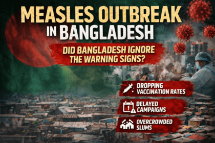 Measles outbreak in Bangladesh showing overcrowded slums, healthcare response, and declining vaccination rates contributing to the public health crisis
