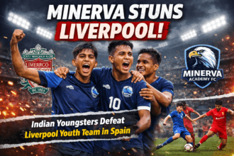 Minerva youth team players celebrating after defeating Liverpool youth team in an international football tournament in Spain