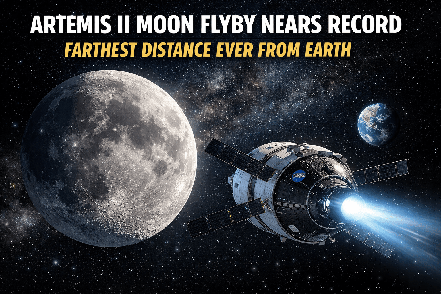 NASA Artemis II Orion spacecraft flying past the Moon during lunar flyby as astronauts reach record-breaking distance from Earth