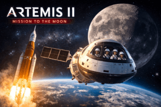 NASA Artemis II Mission 2026 showing Orion spacecraft with astronauts flying near the Moon while the SLS rocket launches from Earth in deep space