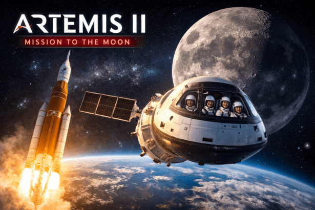 NASA Artemis II Mission 2026 showing Orion spacecraft with astronauts flying near the Moon while the SLS rocket launches from Earth in deep space
