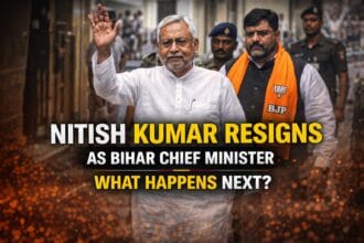 Nitish Kumar resigns as Bihar Chief Minister image showing Nitish Kumar waving alongside BJP leader with headline about political transition and next leadership