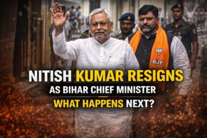 Nitish Kumar resigns as Bihar Chief Minister image showing Nitish Kumar waving alongside BJP leader with headline about political transition and next leadership