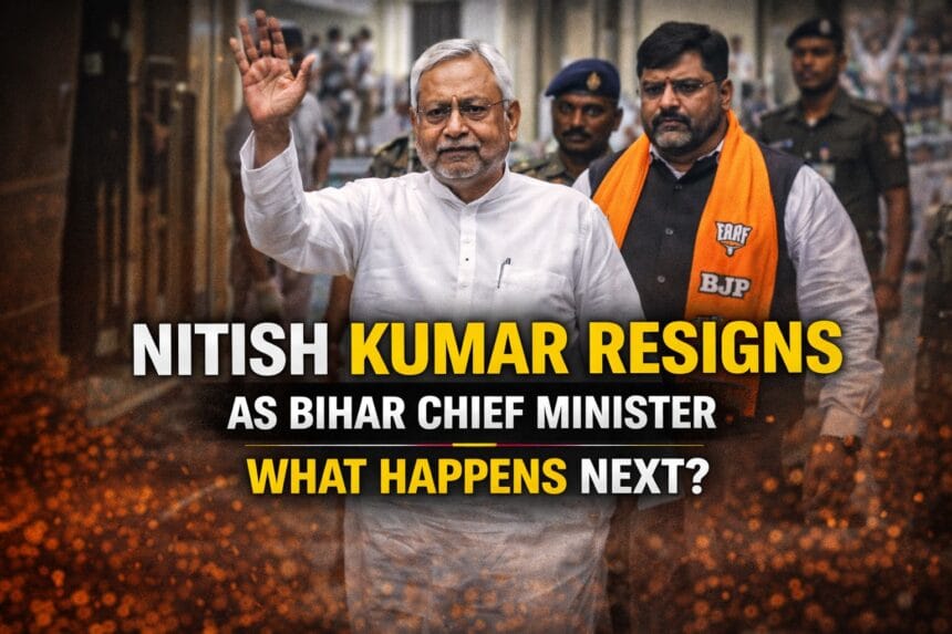 Nitish Kumar resigns as Bihar Chief Minister image showing Nitish Kumar waving alongside BJP leader with headline about political transition and next leadership