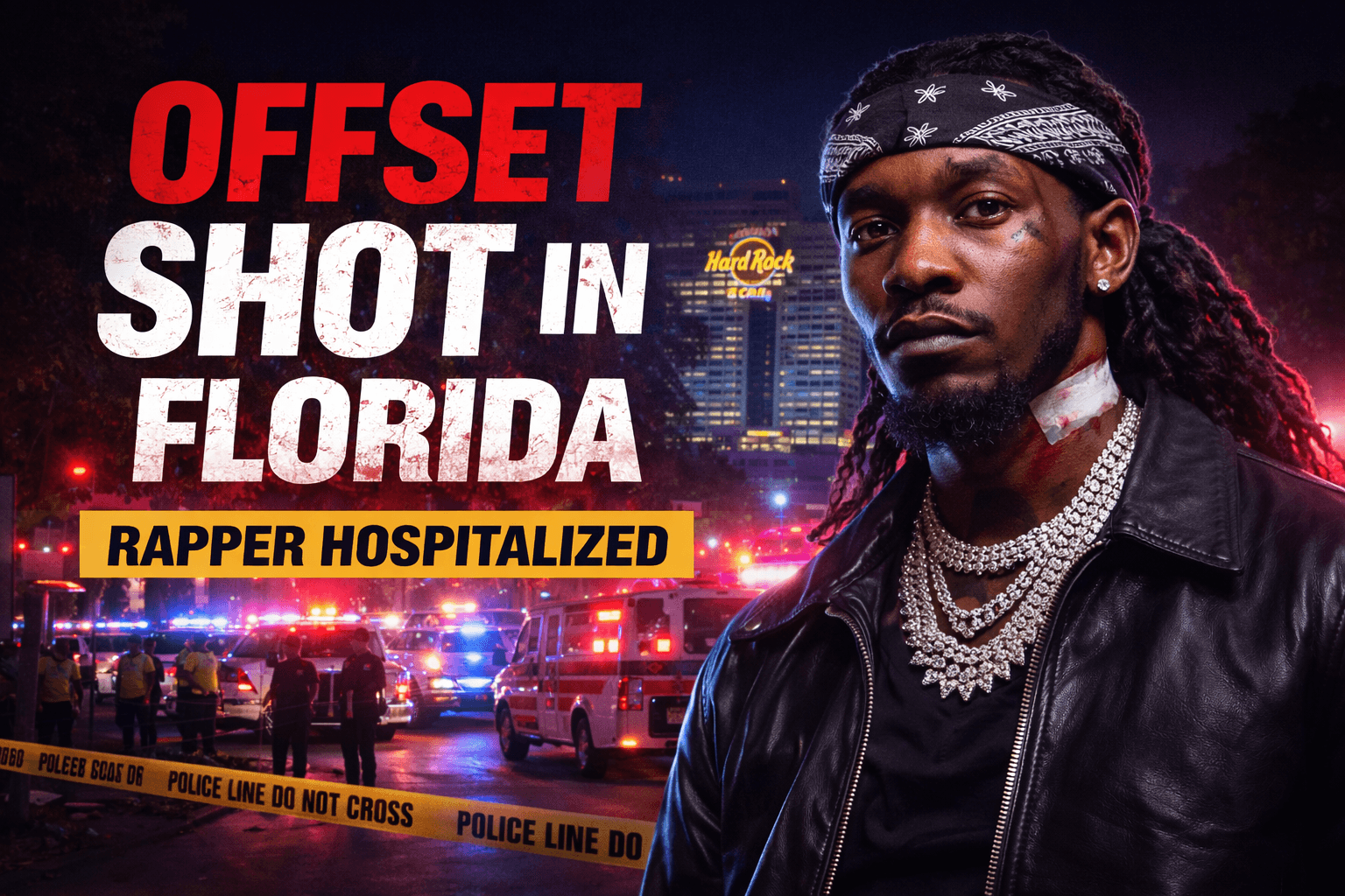 Offset shot in Florida outside Seminole Hard Rock Casino with police and ambulance at the scene