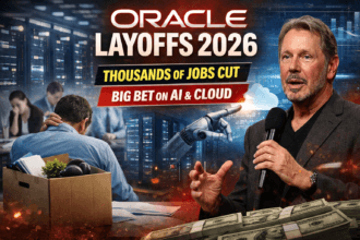 Oracle layoffs 2026 concept image showing stressed employees with job loss box, AI robotic hand and data center visuals representing shift to cloud and AI infrastructure
