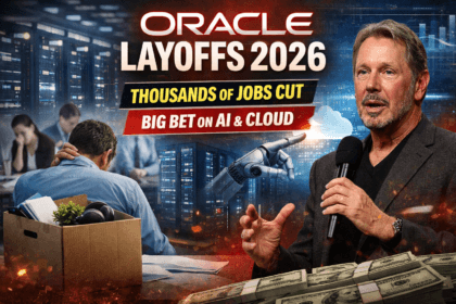 Oracle layoffs 2026 concept image showing stressed employees with job loss box, AI robotic hand and data center visuals representing shift to cloud and AI infrastructure