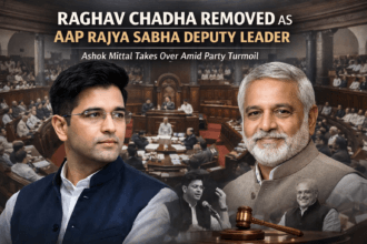 Raghav Chadha removed as AAP Rajya Sabha Deputy Leader with Ashok Mittal replacing him, set against the Indian Parliament backdrop