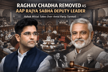 Raghav Chadha removed as AAP Rajya Sabha Deputy Leader with Ashok Mittal replacing him, set against the Indian Parliament backdrop