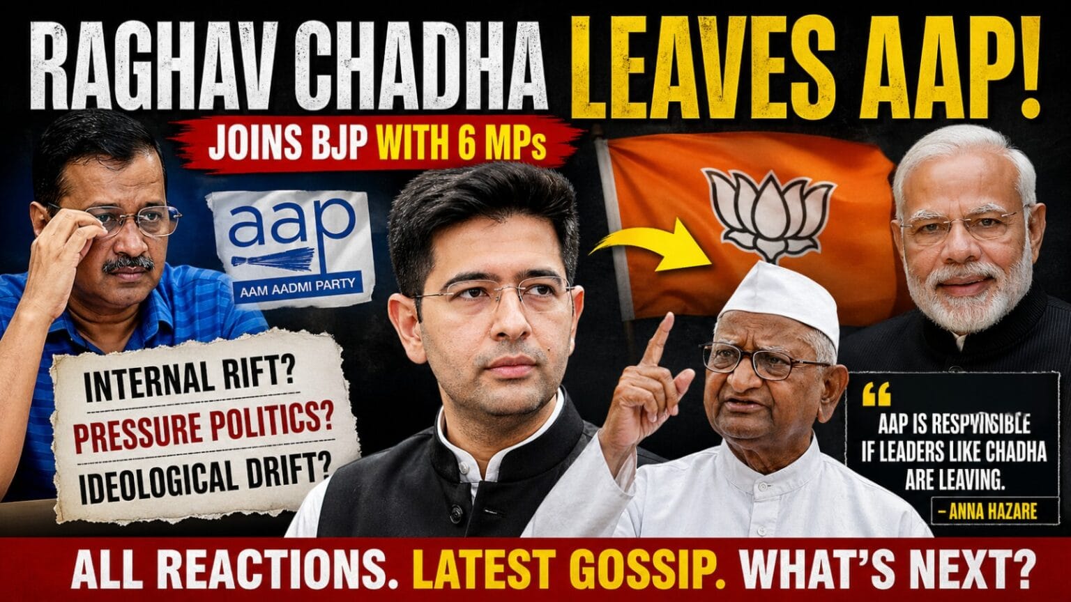 A dramatic 16:9 political news thumbnail showing Raghav Chadha leaving AAP and joining BJP, featuring Arvind Kejriwal, Anna Hazare, Narendra Modi, and party symbols with bold headlines about internal rift, pressure politics, and ideological drift.