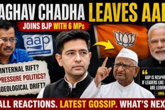 A dramatic 16:9 political news thumbnail showing Raghav Chadha leaving AAP and joining BJP, featuring Arvind Kejriwal, Anna Hazare, Narendra Modi, and party symbols with bold headlines about internal rift, pressure politics, and ideological drift.