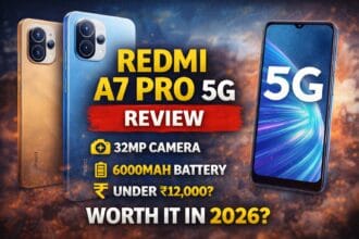 Redmi A7 Pro 5G smartphone image showing dual color variants, large display, and highlights of 32MP camera and 6000mAh battery with budget pricing