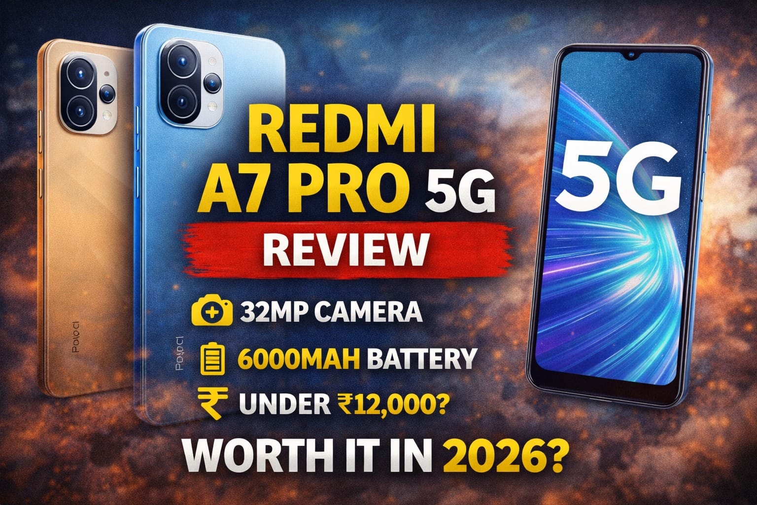Redmi A7 Pro 5G smartphone image showing dual color variants, large display, and highlights of 32MP camera and 6000mAh battery with budget pricing