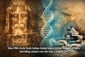 Shroud of Turin with faint human image alongside DNA strands and India map representing Shroud of Turin DNA study Indian origins theory