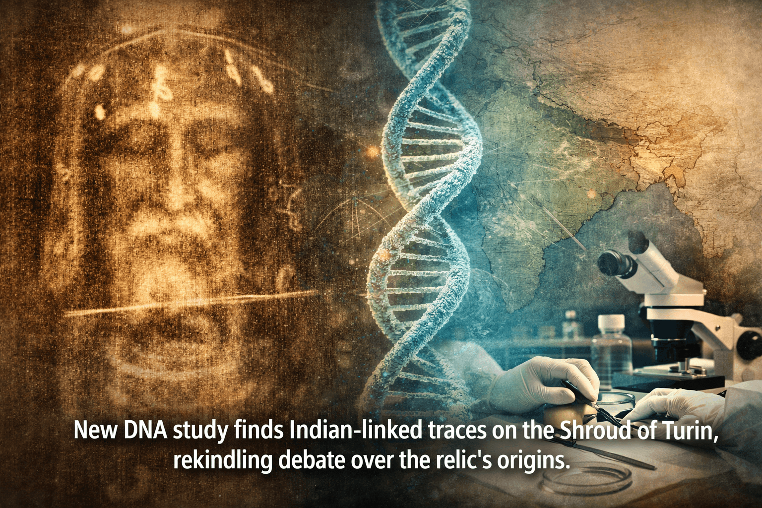 Shroud of Turin with faint human image alongside DNA strands and India map representing Shroud of Turin DNA study Indian origins theory